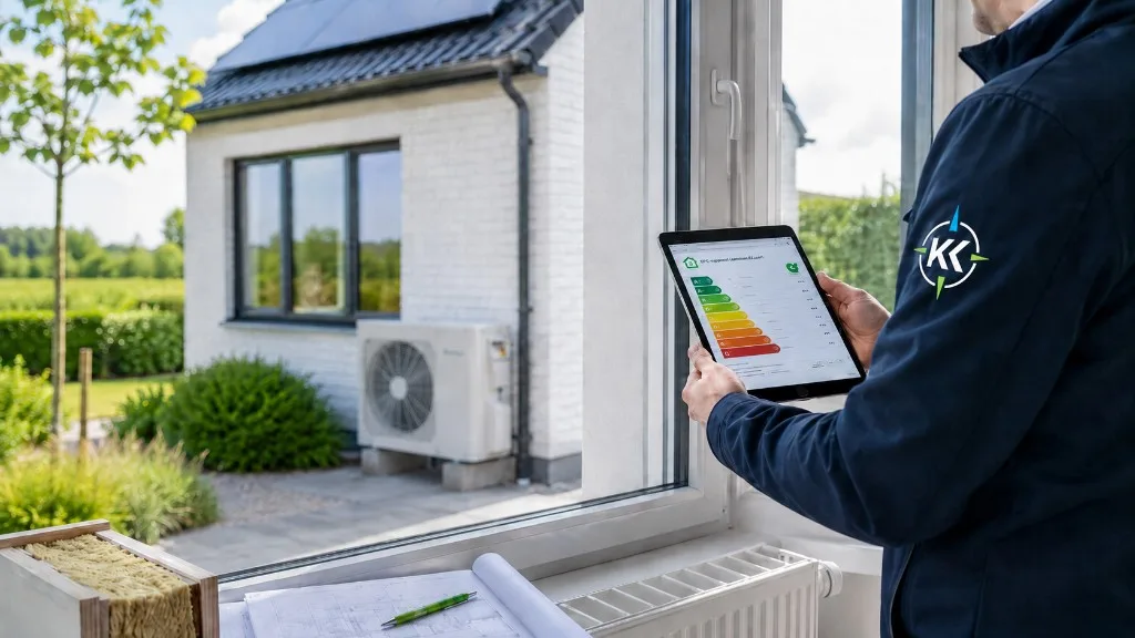 EPC-keuring ter plaatse: inspecteur met tablet en energielabel, plannen en isolatiestaal bij het raam