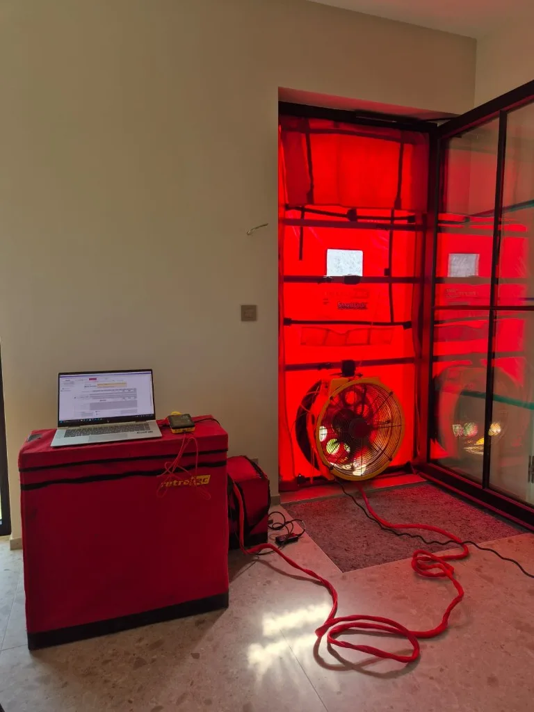 Blowerdoortest met rode Retrotec deur, gele ventilator en meetapparatuur in een woning