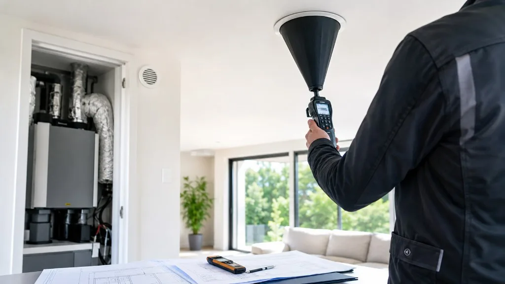 Debietmeting bij ventilatieverslaggeving met meetkap aan plafondventiel en WTW-unit op de achtergrond